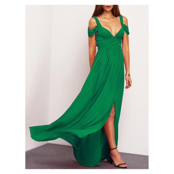 green cold shoulder maxi dress